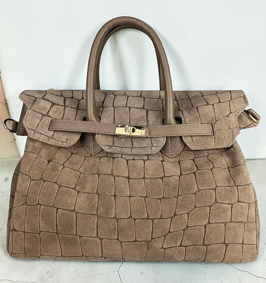 Borsa a Mano e Tracolla "Grace" in Vera Pelle Nabuk Stampa Crocco 3D e Dollaro