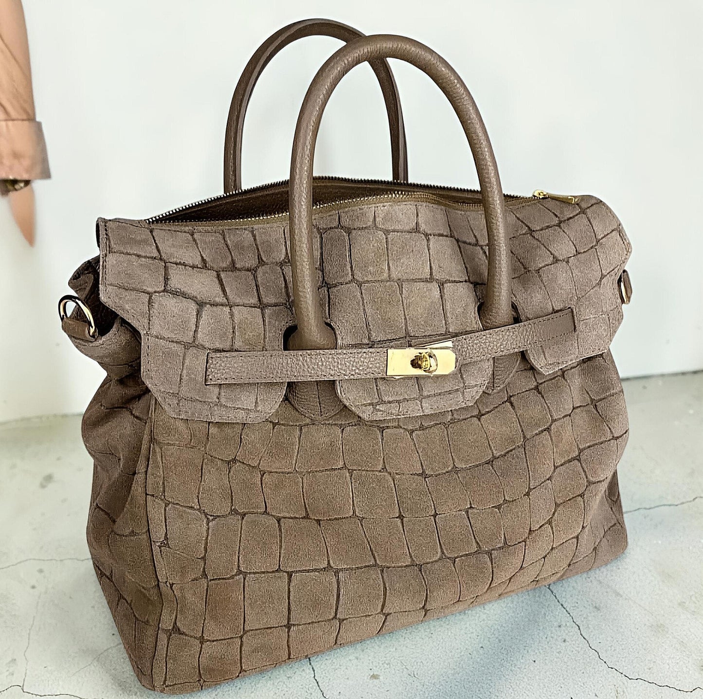 Borsa a Mano e Tracolla "Grace" in Vera Pelle Nabuk Stampa Crocco 3D e Dollaro