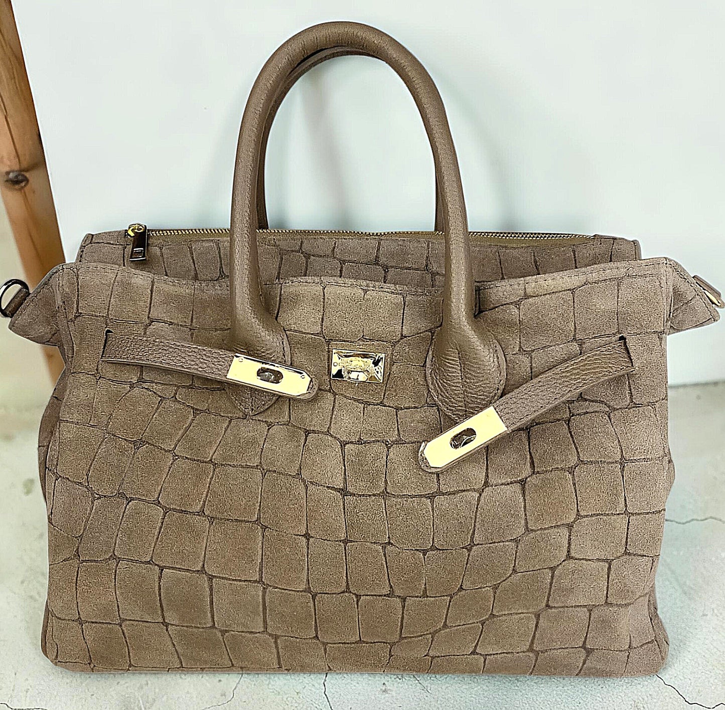 Borsa a Mano e Tracolla "Grace" in Vera Pelle Nabuk Stampa Crocco 3D e Dollaro