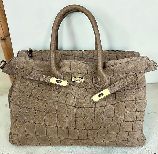 Borsa a Mano e Tracolla "Grace" in Vera Pelle Nabuk Stampa Crocco 3D e Dollaro