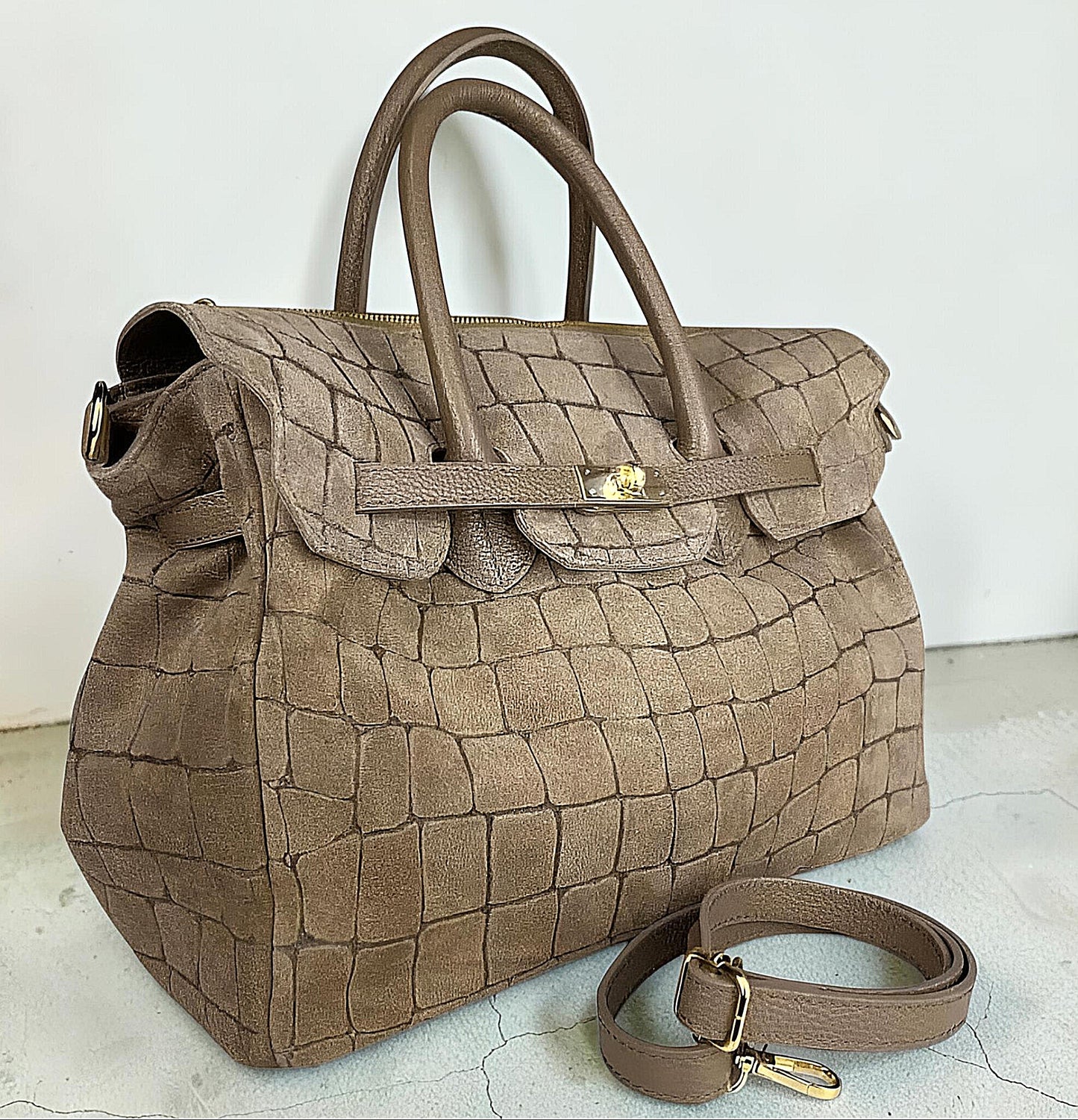 Borsa a Mano e Tracolla "Grace" in Vera Pelle Nabuk Stampa Crocco 3D e Dollaro