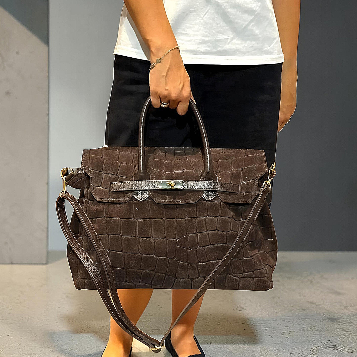 Borsa a Mano e Tracolla "Grace" in Vera Pelle Nabuk Stampa Crocco 3D e Dollaro