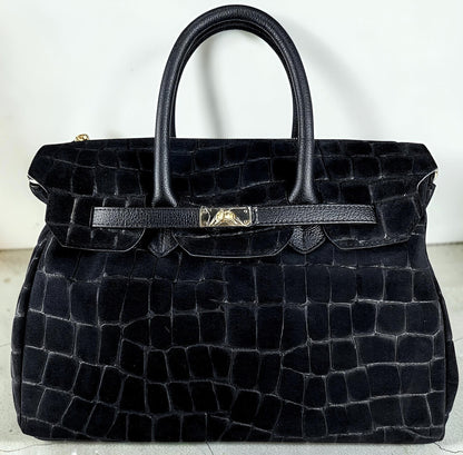 Borsa a Mano e Tracolla "Grace" in Vera Pelle Nabuk Stampa Crocco 3D e Dollaro